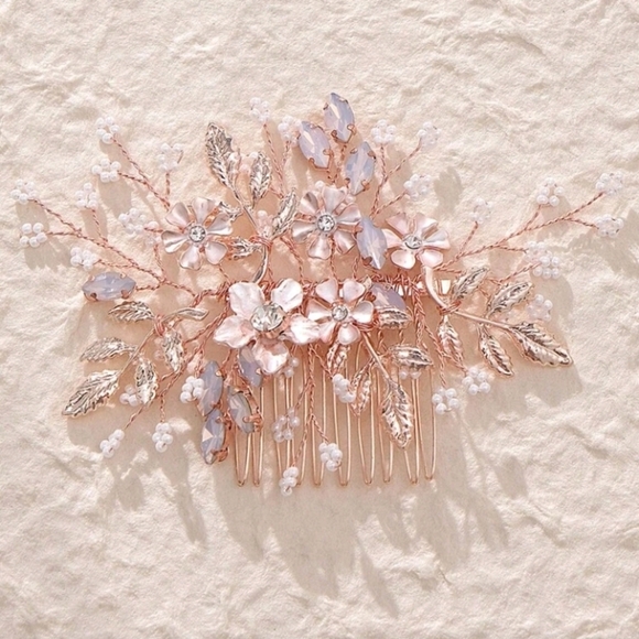 Bridal Comb Rose Gold Floral Leaves Rhinestone Faux Pearl Wedding Hair Comb main image 4